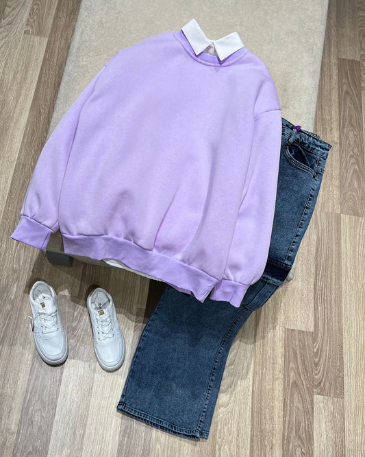 LILAC COLLAR SWEATSHIRT - MID BLUE WIDE LEG JEANS