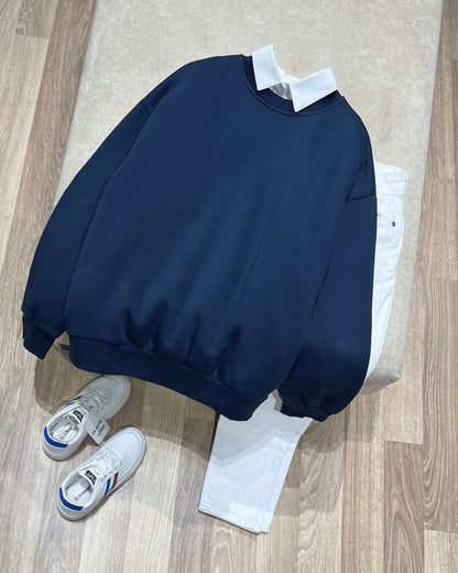 NAVY BLUE  COLLAR SWEATSHIRT - WHITE WIDE LEG JEANS