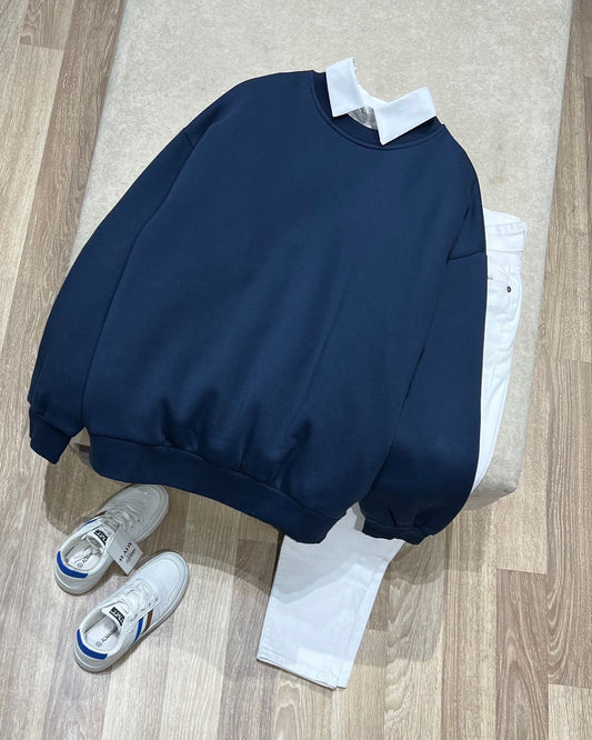 NAVY BLUE  COLLAR SWEATSHIRT - WHITE WIDE LEG JEANS