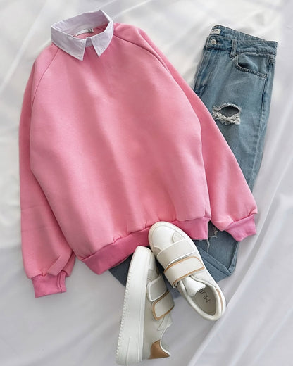 PINK COLLAR SWEATSHIRT - SKY BLUE WIDE LEG JEANS