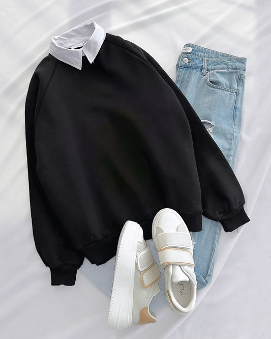 BLACK COLLAR SWEATSHIRT - SKY BLUE WIDE LEG JEANS