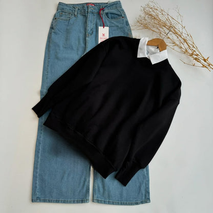BLACK COLLAR SWEATSHIRT - MID BLUE WIDE LEG JEANS