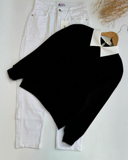 BLACK COLLAR SWEATSHIRT - WHITE WIDE LEG JEANS