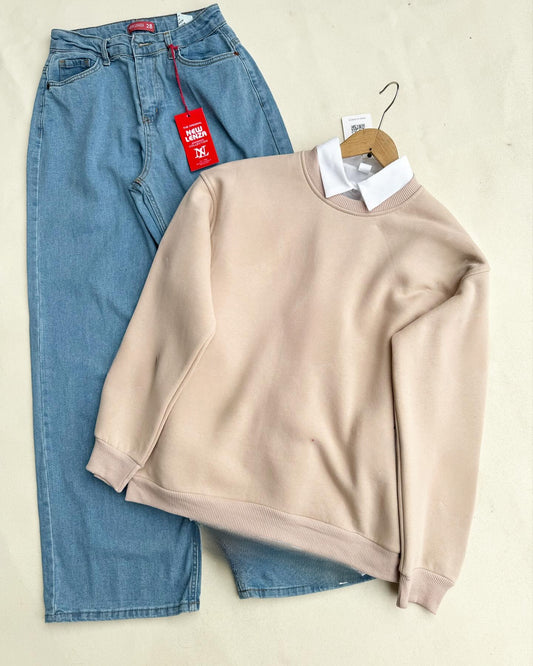BEIGE COLLAR SWEATSHIRT - SKYBLUE WIDE LEG JEANS