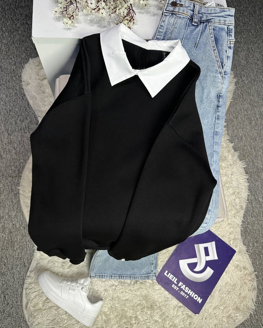 BLACK COLLAR SWEATSHIRT - SKYBLUE WIDE LEG JEANS