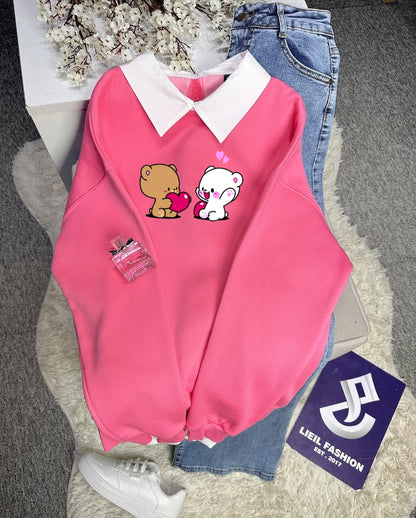 PINK COLLAR SWEATSHIRT PAIR - SKYBLUE WIDE LEG JEANS