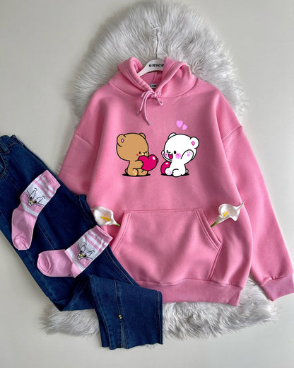 PINK HOODIE PAIR -MID BLUE WIDE LEG JEANS