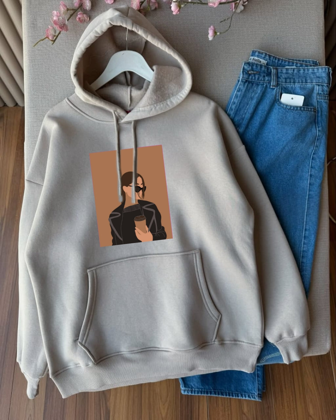 BEIGE HOODIE COFFE GIRL -SKY BLUE WIDE LEG JEANS