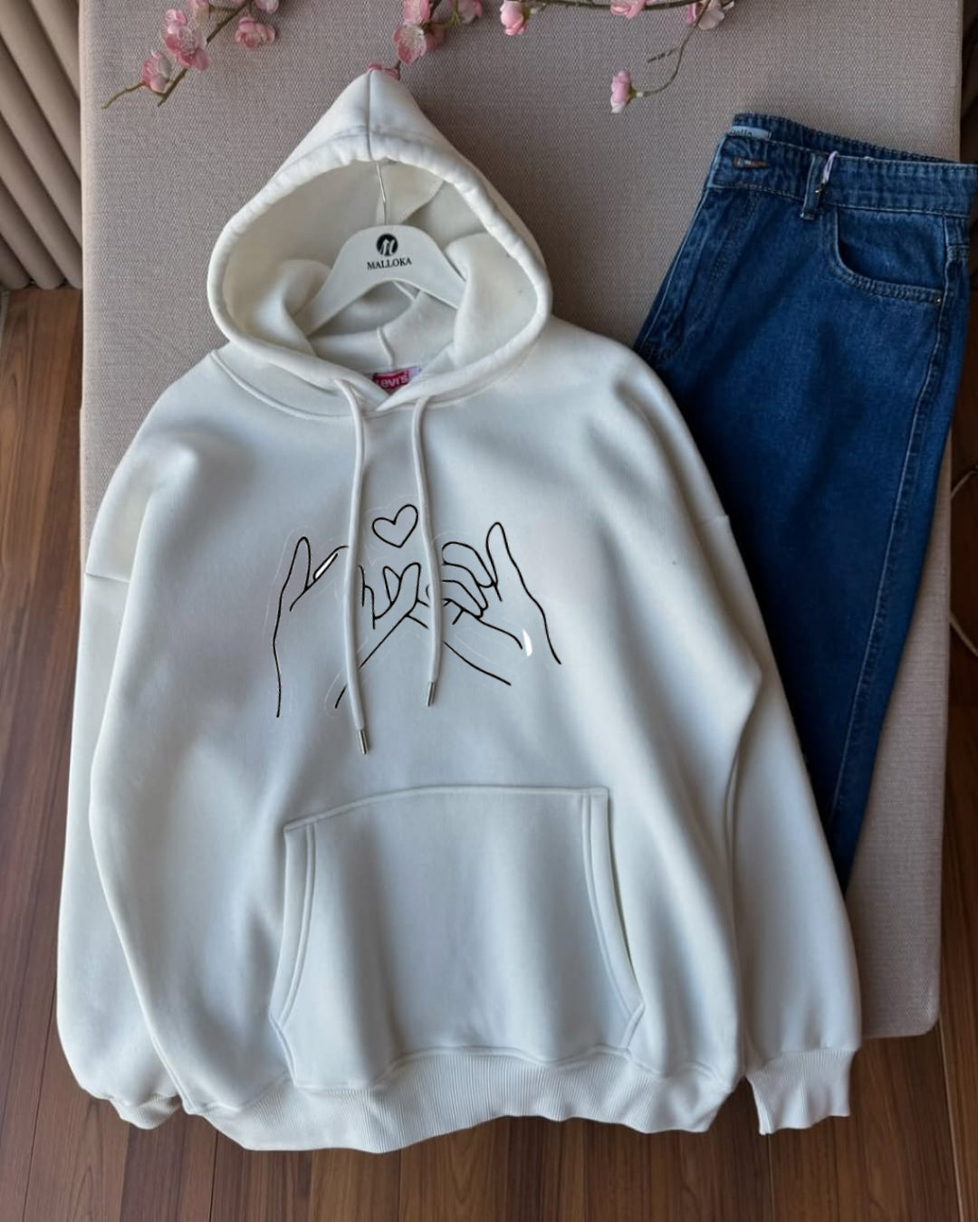 WHITE HOODIE PINKY PROMISE -MID BLUE WIDE LEG JEANS