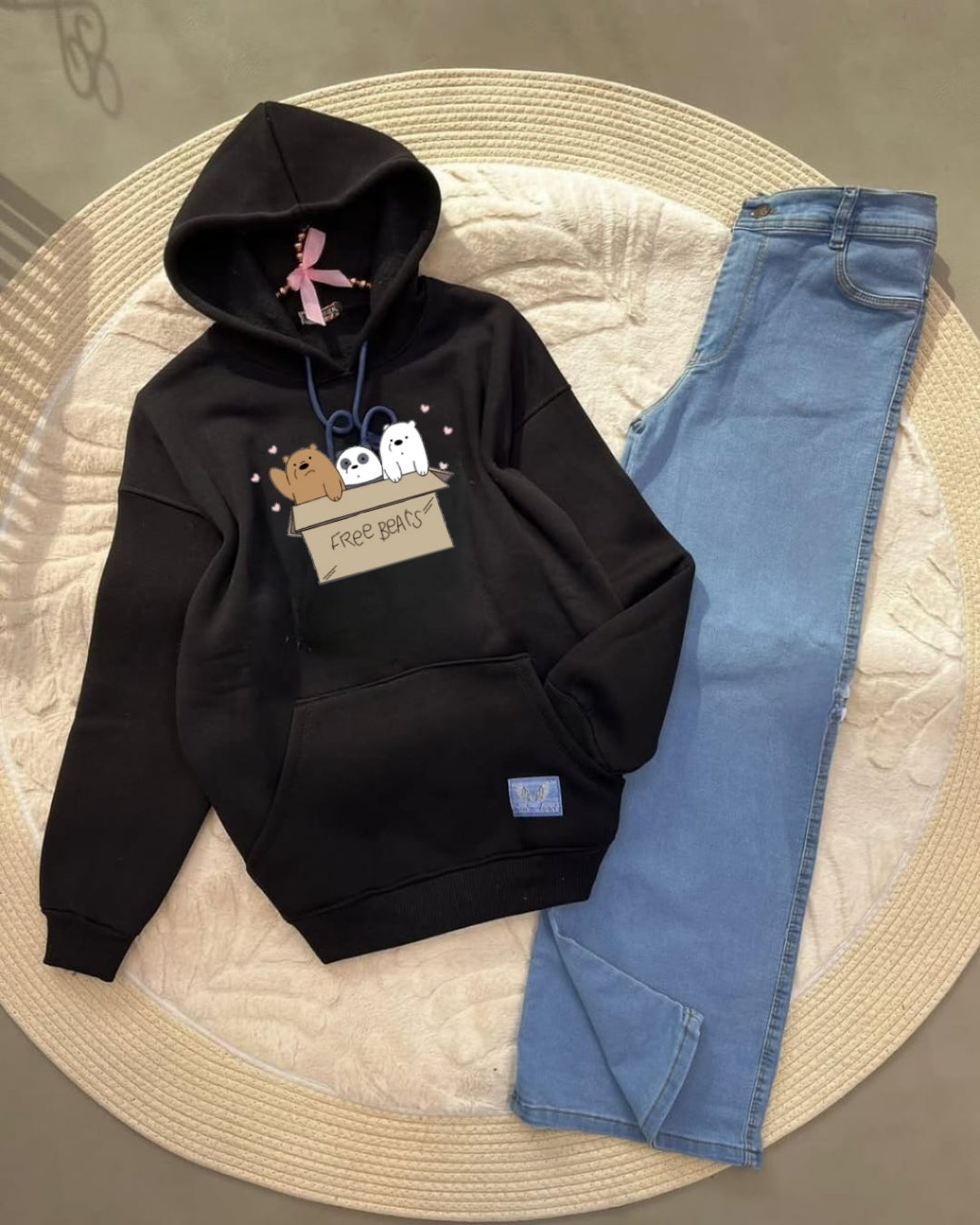 BLACK HOODIE FREE BEAR -SKY BLUE WIDE LEG JEANS