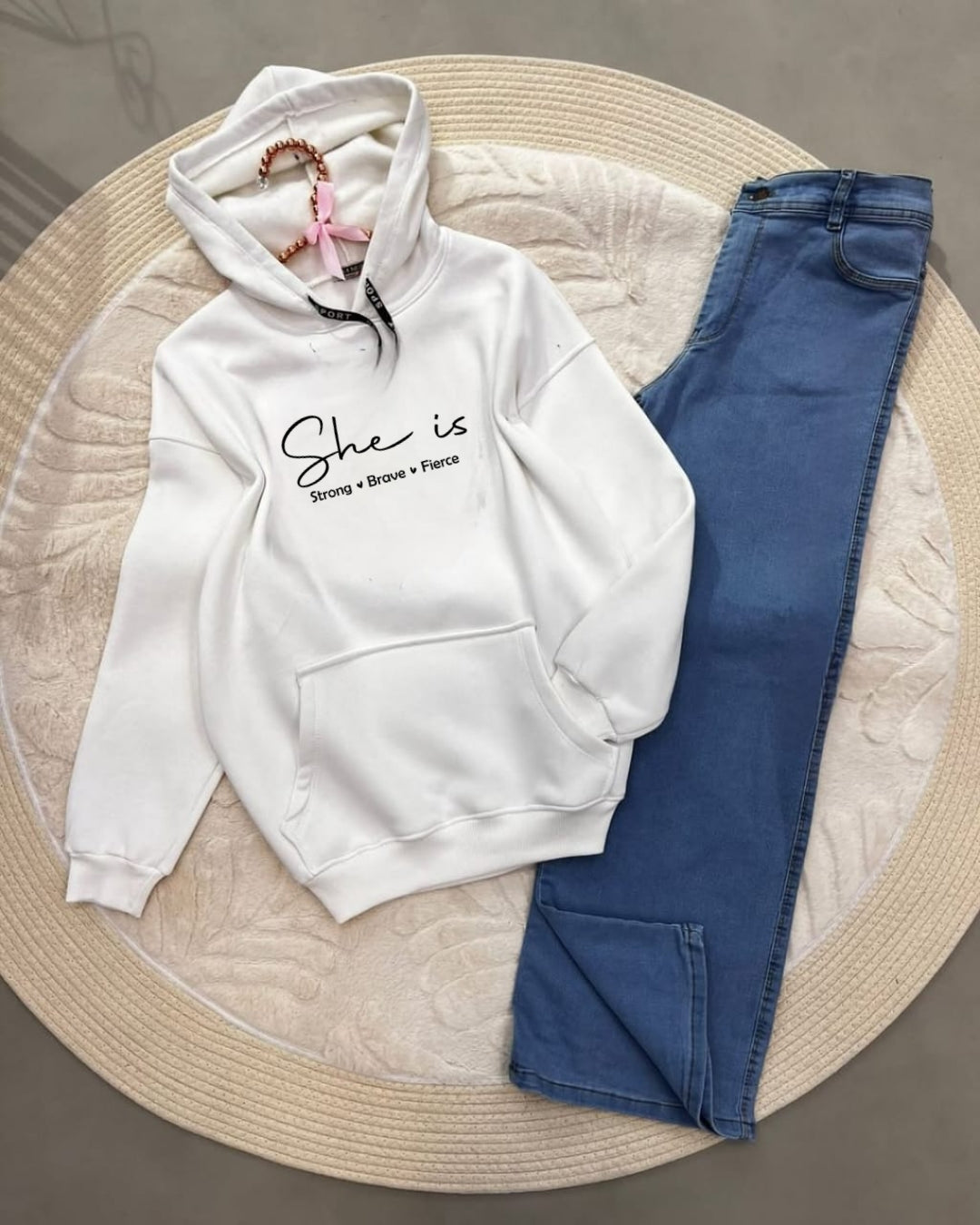 WHITE HOODIE SHE IS STRONG -SKY BLUE WIDE LEG JEANS