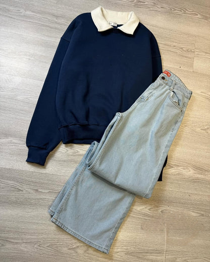 NAVY COLLAR SWEATSHIRT - ICE BLUE WIDE LEG JEANS