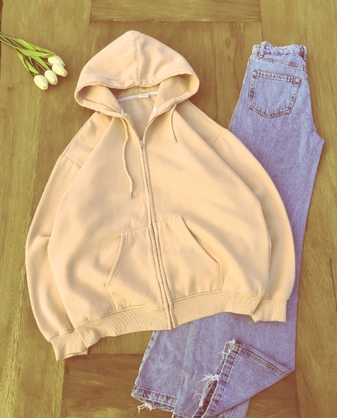 BEIGE ZIPPER  - SKY BLUE WIDE LEG JEANS