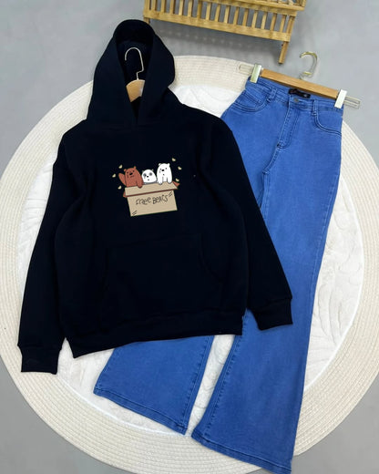 BLACK HOODIE FREE BEARS - MID BLUE WIDE LEG JEANS