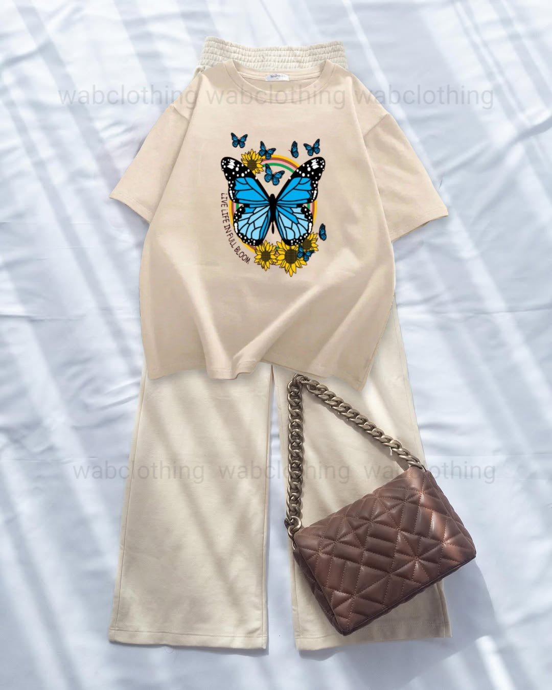 Beige T-shirt Live life in full bloom - Beige High Waist Flapper