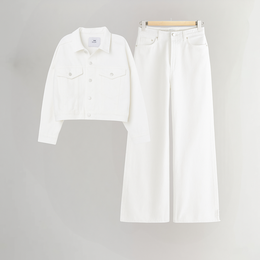 WHITE DENIM JACKET-WHITE WIDE LEG JEANS
