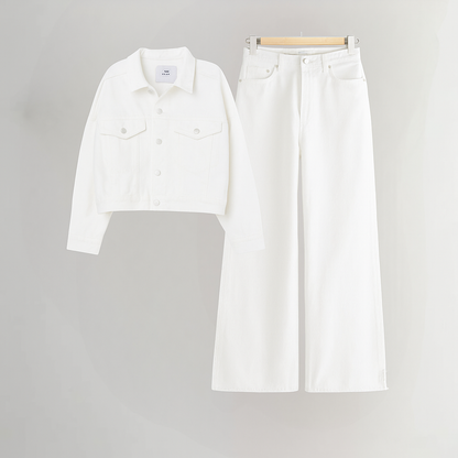 WHITE DENIM JACKET-WHITE WIDE LEG JEANS