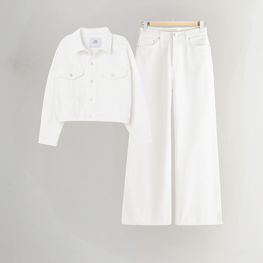 WHITE DENIM JACKET-WHITE WIDE LEG JEANS