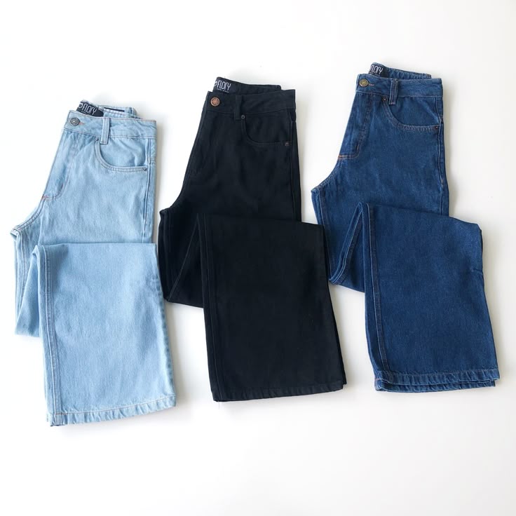 Pack of 3 Wide Leg Jeans - Black - Mid blue- Sky Blue
