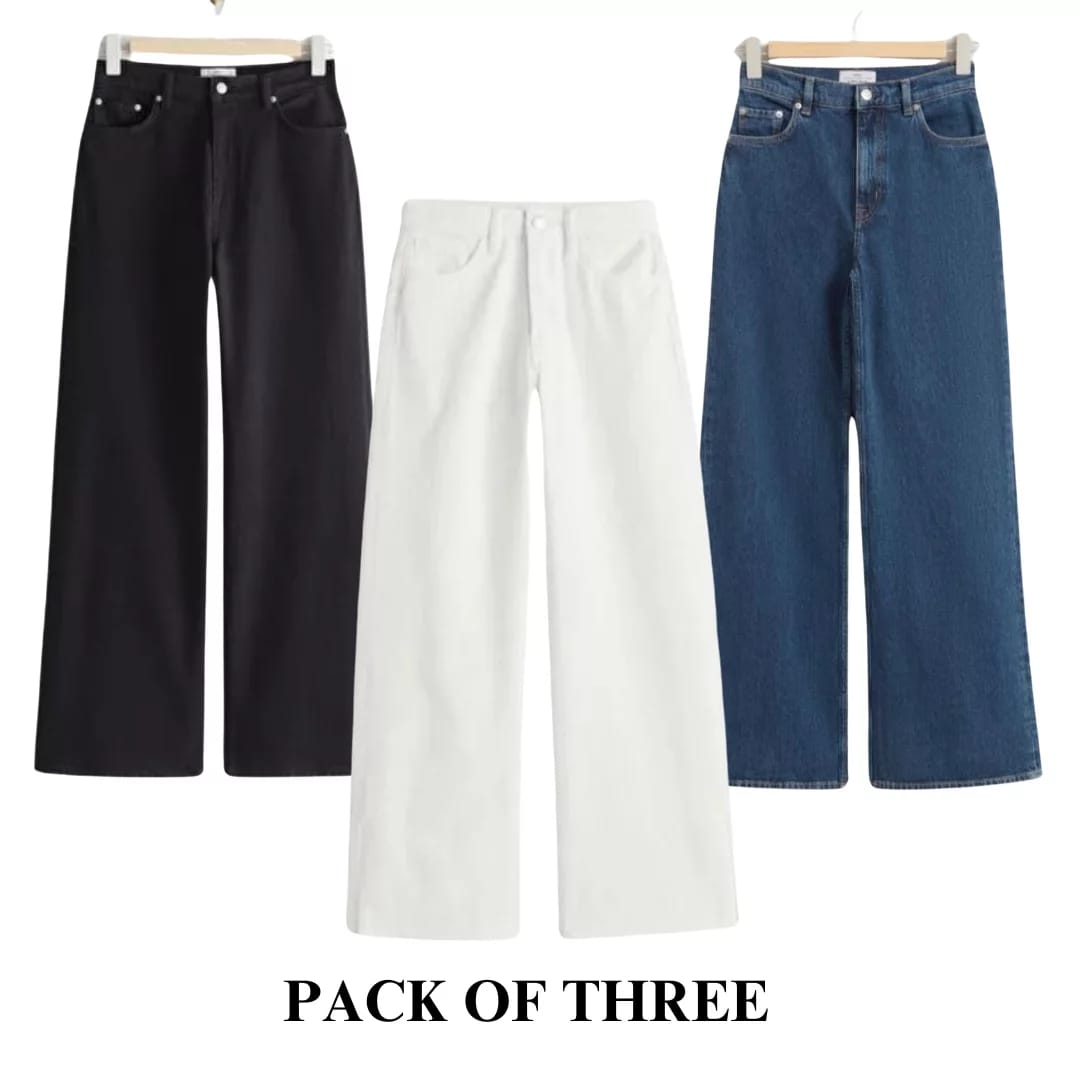 Pack of 3 Wide Leg Jeans - Black - Mid blue- White