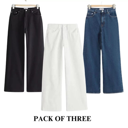 Pack of 3 Wide Leg Jeans - Black - Mid blue- White