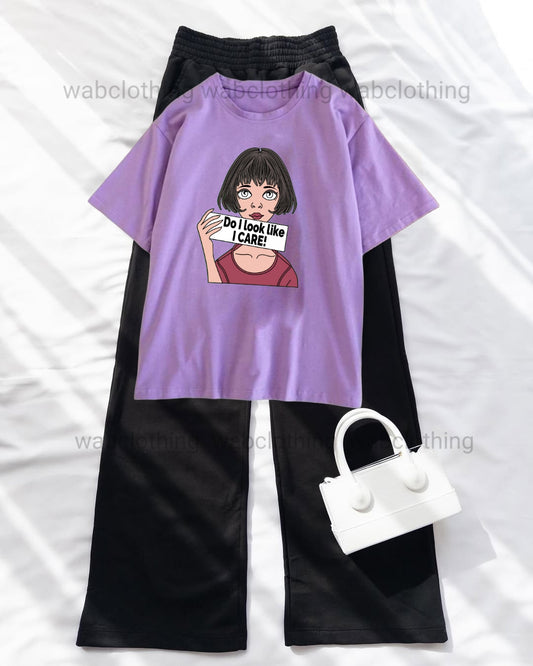 Lilac T-shirt Do I Look Like I Care - Black High Waist Flapper