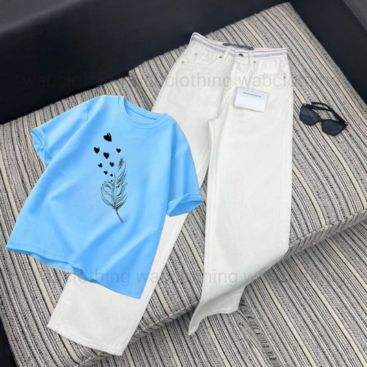 White wide leg jeans - Sky Blue T-shirt Feather