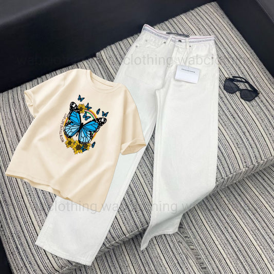 White wide leg jeans - Beige T-shirt Live Life in Full Bloom butterfly