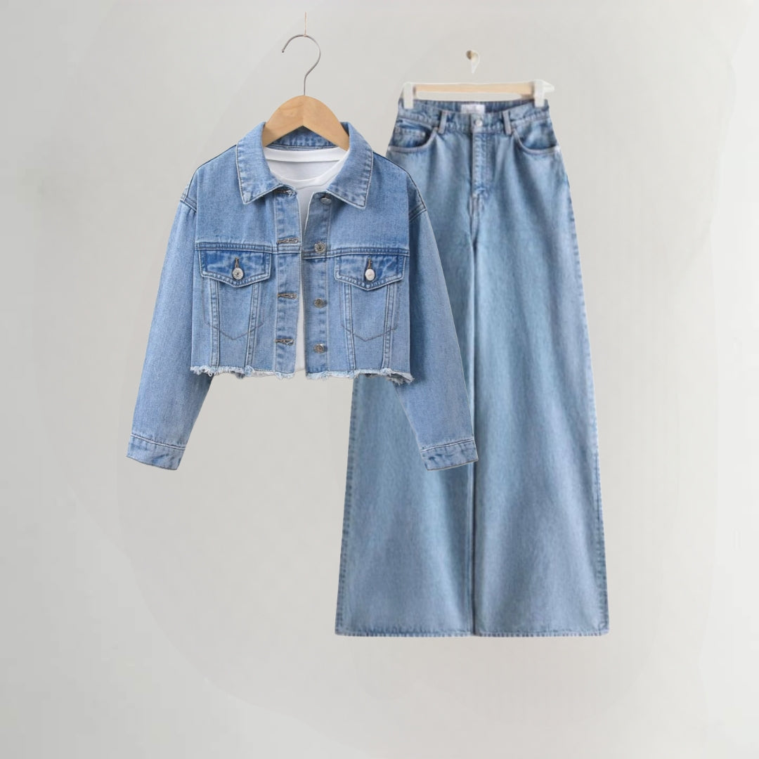 SKY BLUE DENIM JACKET-SKY BLUE WIDE LEG JEANS