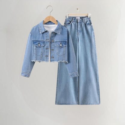 SKY BLUE DENIM JACKET-SKY BLUE WIDE LEG JEANS