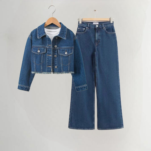 MID BLUE DENIM JACKET-MID BLUE WIDE LEG JEANS