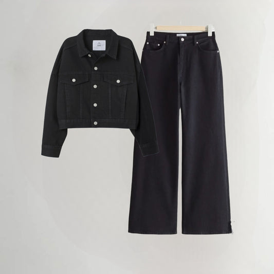 BLACK DENIM JACKET-BLACK WIDE LEG JEANS