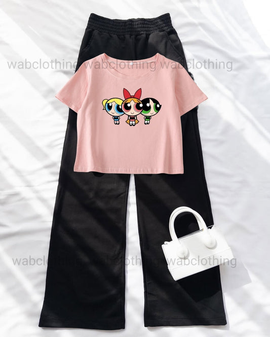Pink Crop 3 buttercups - Black High Waist Flapper