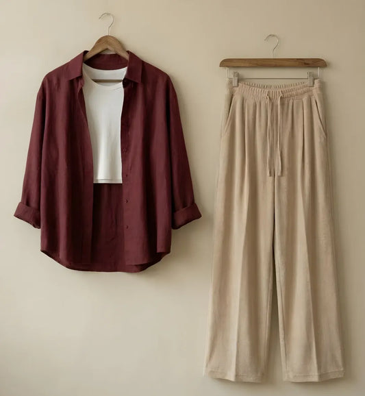 Maroon button down Beige Flapper White inner