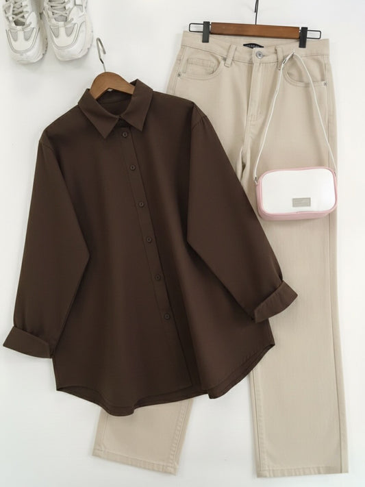 Brown Button Down Beige jeans