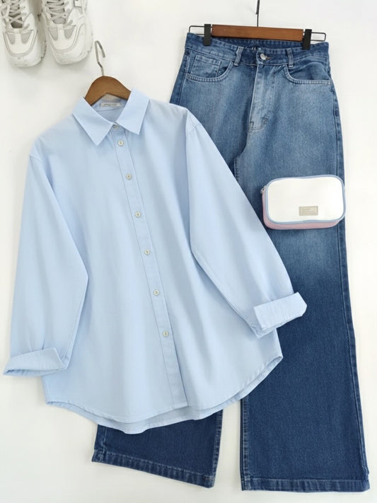 Sky Blue Button Down Mid Blue jeans