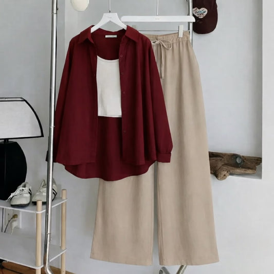 Maroon button down Beige Flapper White inner