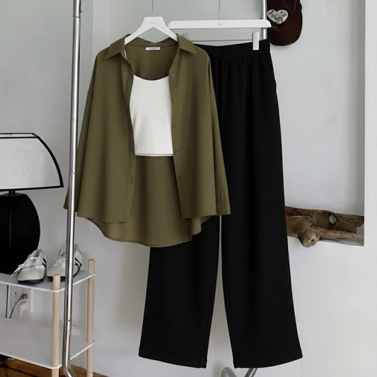 Olive Green Button Down Black Flapper White inner