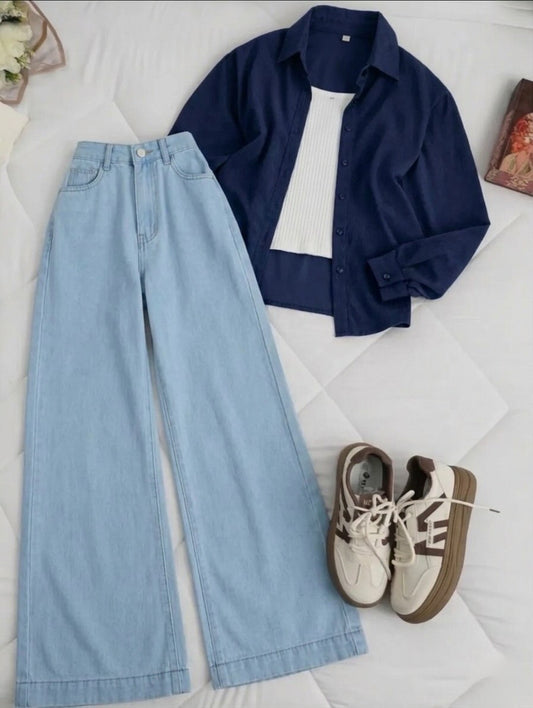 3 piece Navy Blue Button Down Shirt Sky Blue jeans White inner