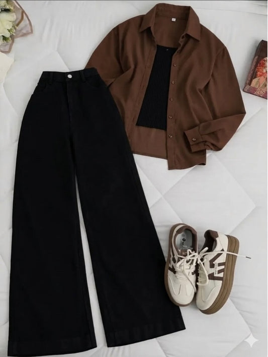 3 piece Brown Button Down Shirt  Black jeans Black inner