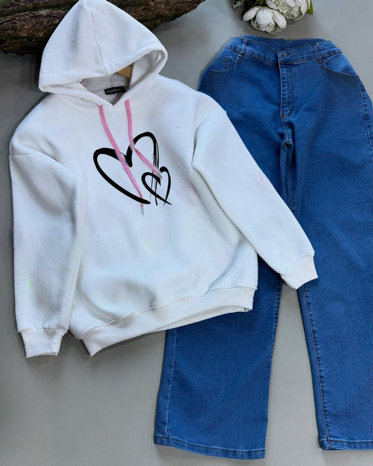 WHITE HOODIE 2 HEART - MID BLUE WIDE LEG JEANS