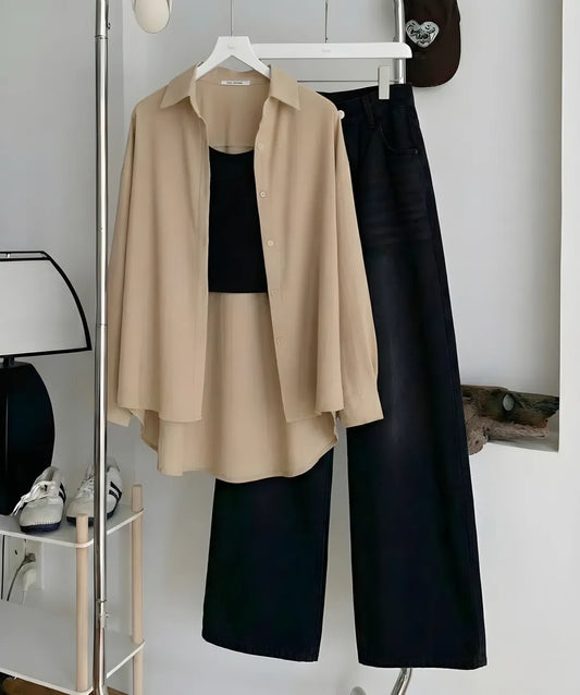 Beige Button Down Black Flapper Black inner