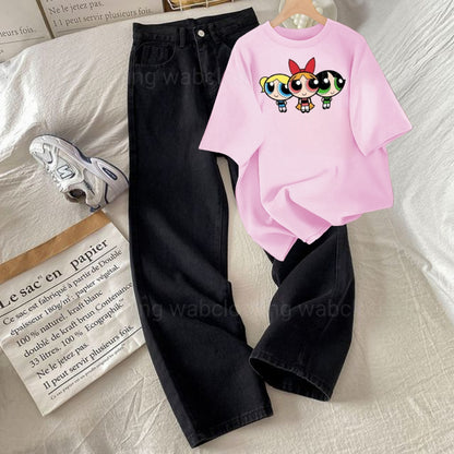 Black wide leg jeans - Pink T-shirt 3 buttercups