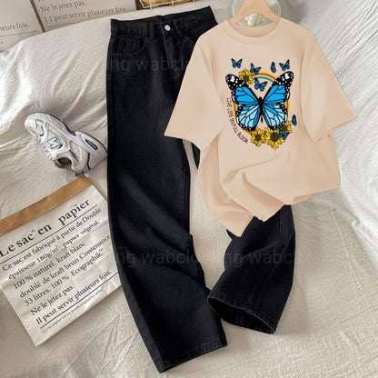 Black wide leg jeans - Beige T-shirt Life is full bloom butterfly