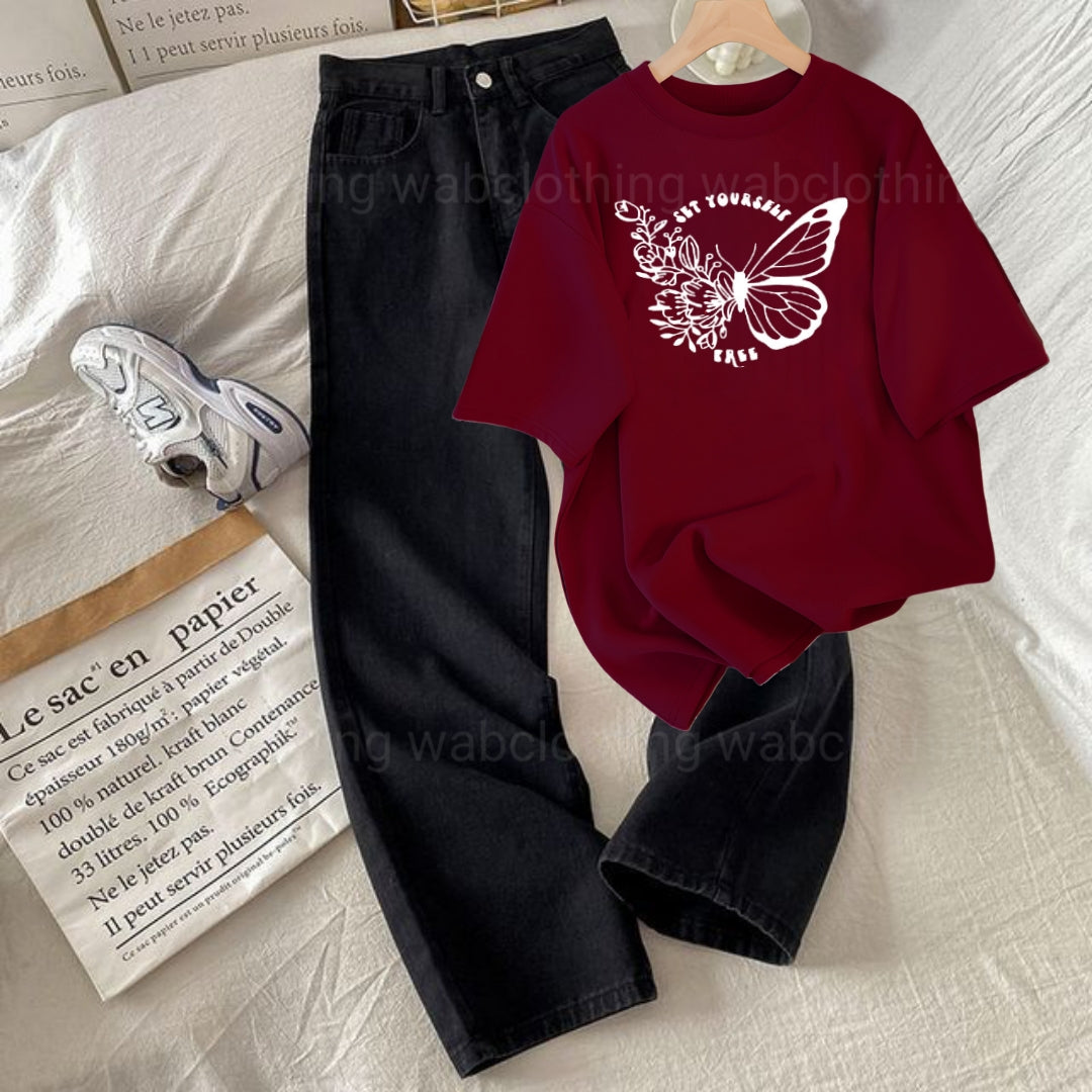 Black wide leg jeans - Maroon T-shirt Get Yourself Free butterfly
