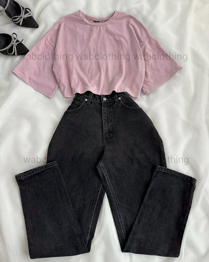 Black wide leg jeans - Pink Crop Top