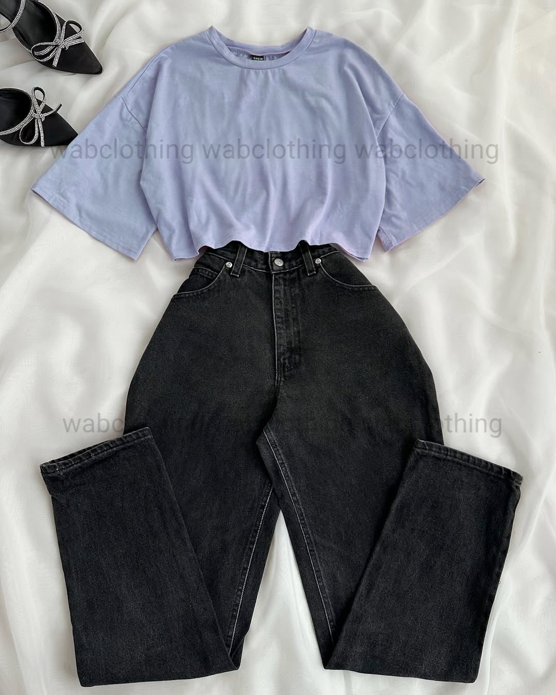 Black wide leg jeans - Sky Blue Crop Top