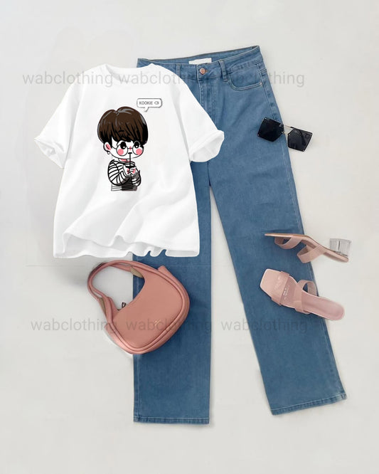 Sky Blue wide leg jeans - White t-shirt kookie