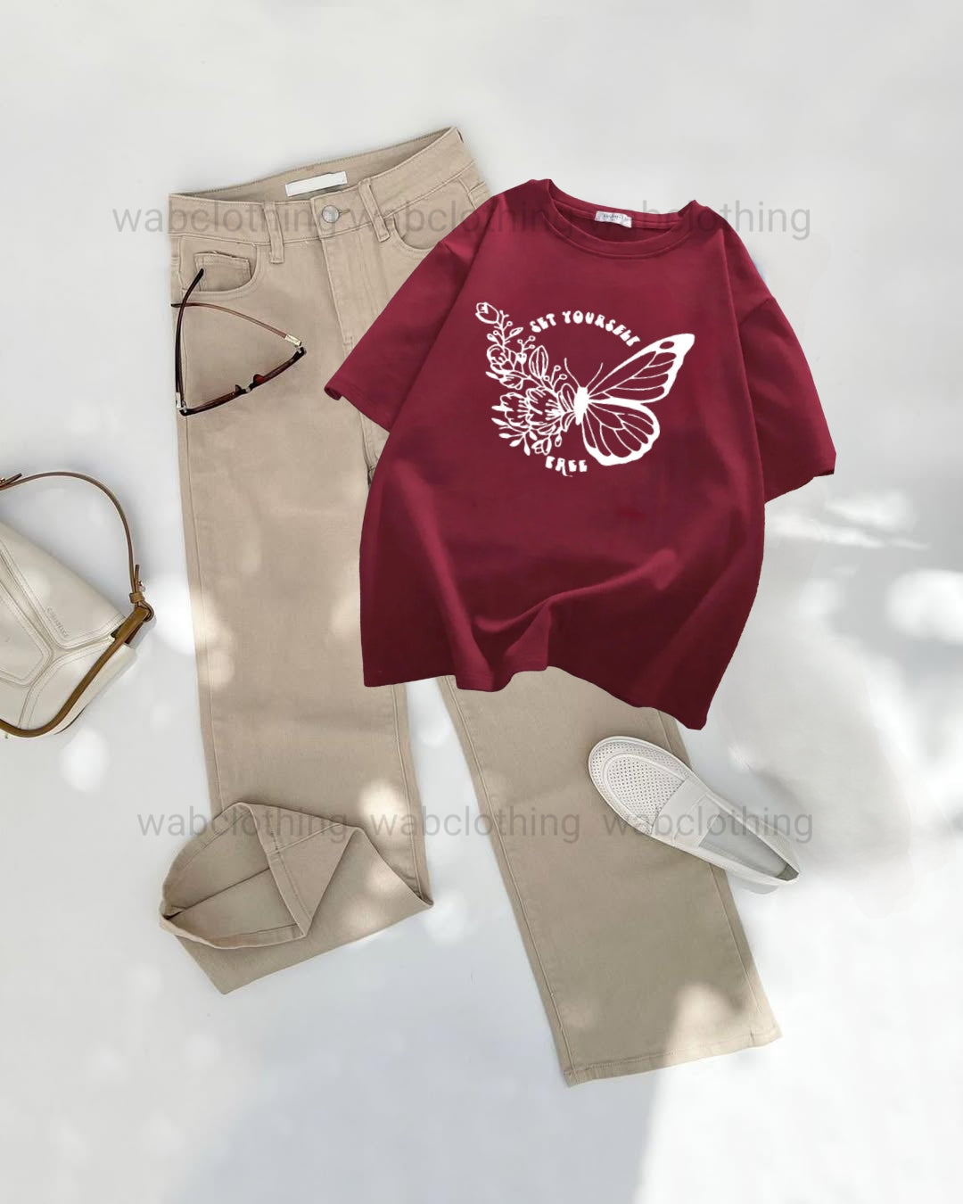 Beige wide leg jeans - Maroon T-shirt Get your self free butterfly