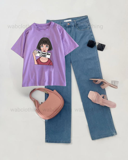 Sky Blue wide leg jeans - Lilac t-shirt do i look like i care